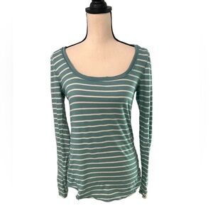 Free People Teal Striped Crochet Sleeve Cotton Long Sleeve Top Size Medium